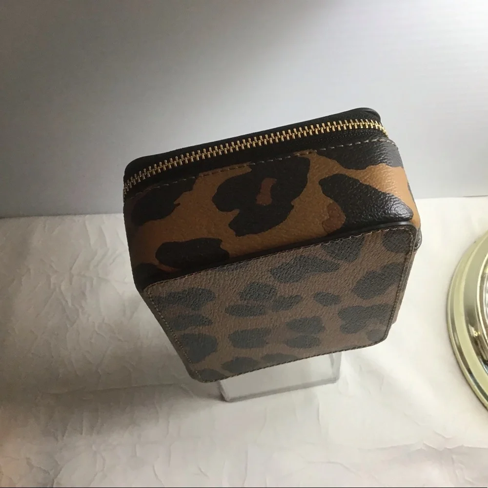 Coach Leopard Print Travel Jewelry Case in Brown and Black with Mirror